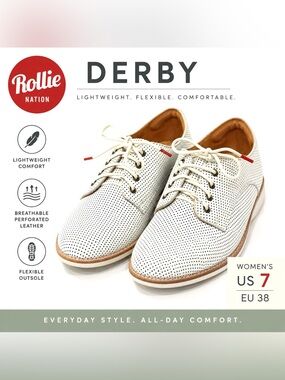 Rollie Derby White Perforated Leather Oxford Shoes Women’s US 7 EU 38
